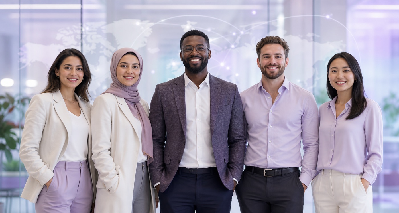 A diverse international team standing together as a symbol of borderless cooperation.