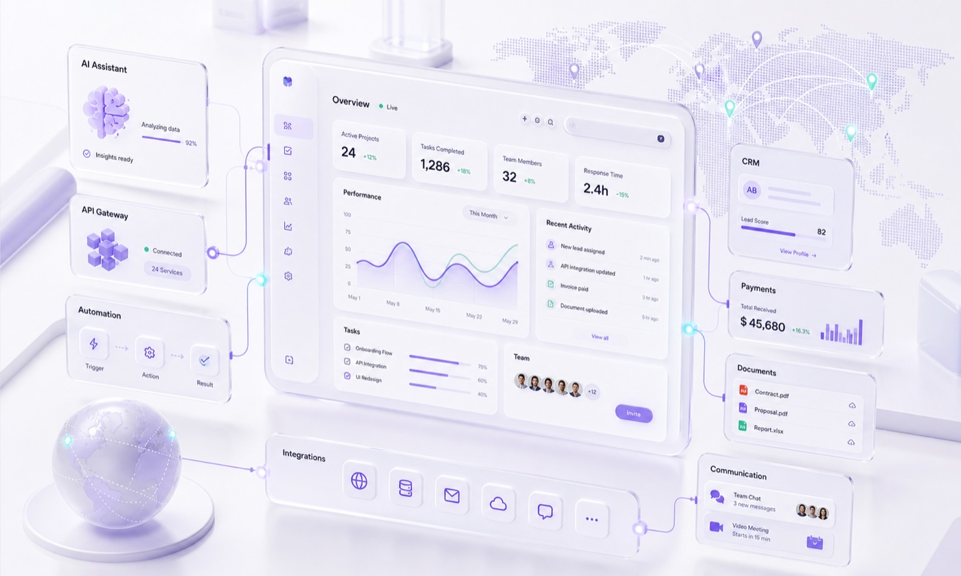 Digital workspace interface and operations systems arranged for modern business teams.