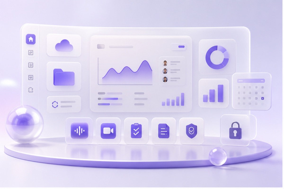 A polished Pardis Workspace dashboard with cloud, drive, analytics, secure vault, meetings, and business tools in a soft purple interface.